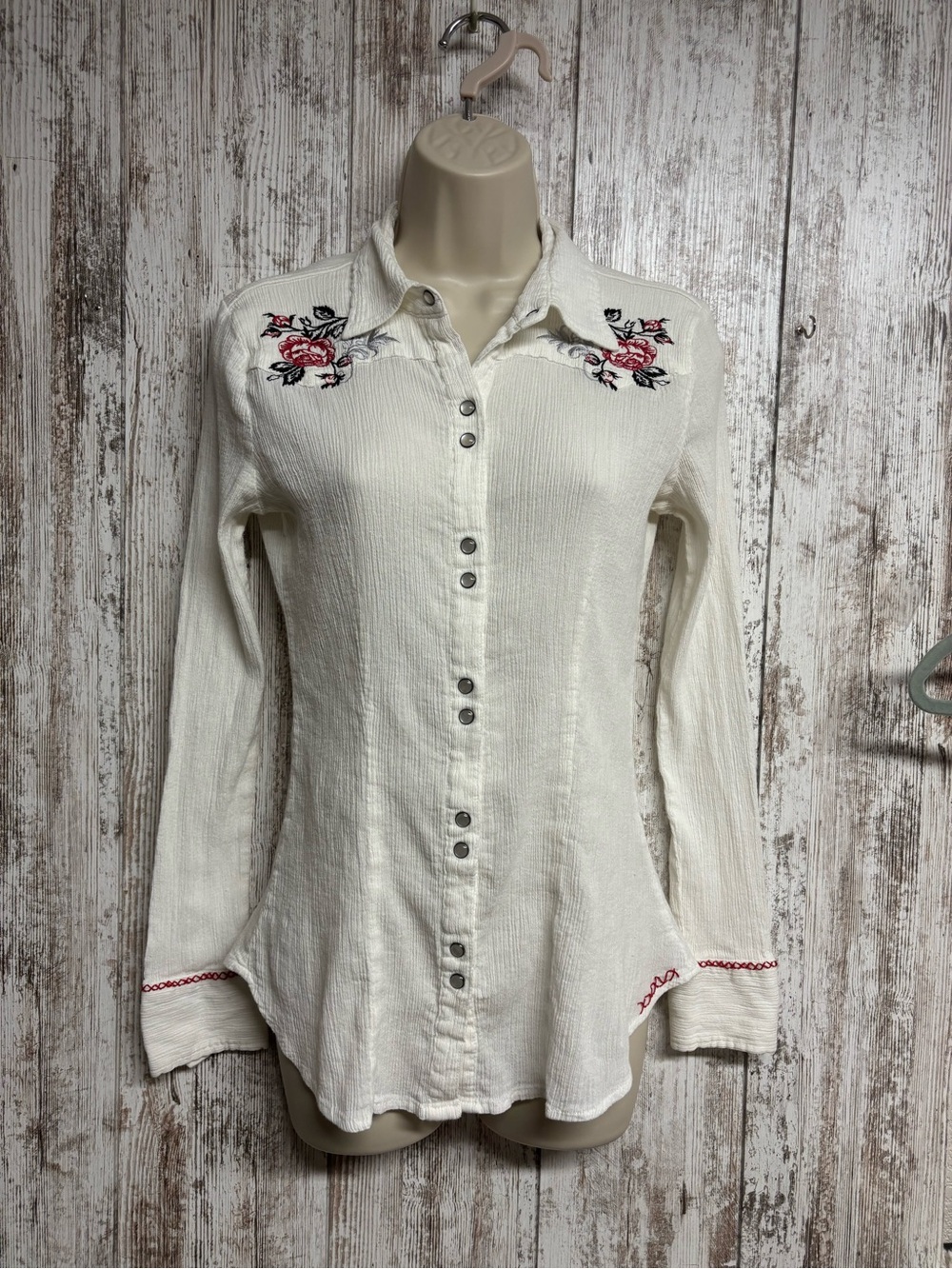 Stetson Off White Button-Front Shirt with Rose Embroidery